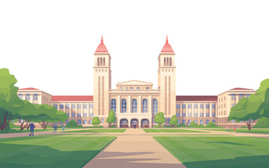 Fototapeta premium Grand university building with twin towers and manicured lawns