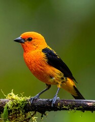 A vibrant orange bird with black wings perched on a mossy branch
