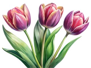 Naklejka premium Elegant watercolor painting of three tulip flowers with long green leaves