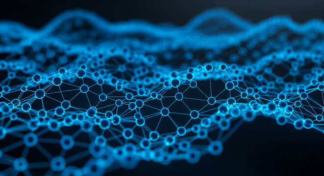 Abstract network of glowing blue interconnected points representing data flow and digital communication, a conceptual visualization of modern technology and futuristic connections - Powered by Adobe