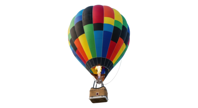 Isolated hot air balloon ascends with burner flame, a colorful air travel adventure high above