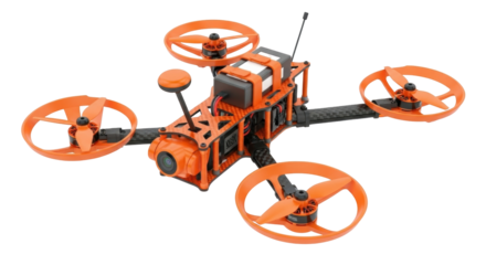 Isolated professional drone, racing quadcopter for aerial videography, high angle view