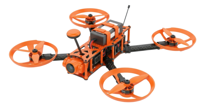 Isolated professional drone, racing quadcopter for aerial videography, high angle view