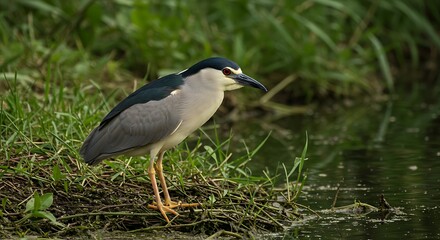 Naklejka premium Night heron perched by water wildlife portrait in natural habitat