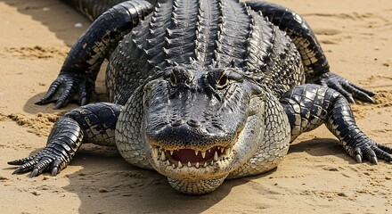 Fototapeta premium Large alligator resting on sandy surface under daylight overhead