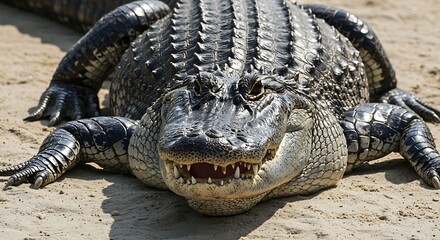 Fototapeta premium Large alligator resting on sandy ground with detailed scales and open mouth