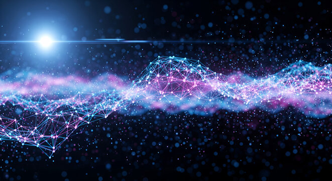 Vibrant digital landscape of interconnected particles forming a plexus network wave with a bright light flare on a dark background