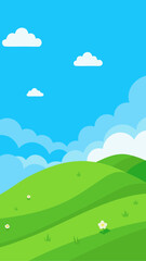 Vibrant green rolling hills under a bright blue sky with fluffy white clouds