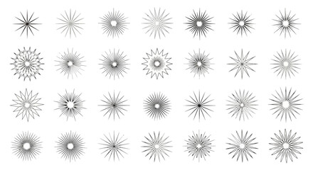 Collection of various radial starburst designs, showcasing intricate patterns and radiating lines.