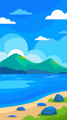 Vibrant flat design landscape with blue ocean green mountains and sandy beach