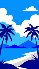 Obraz premium Stylized tropical beach scene with palm trees and mountains