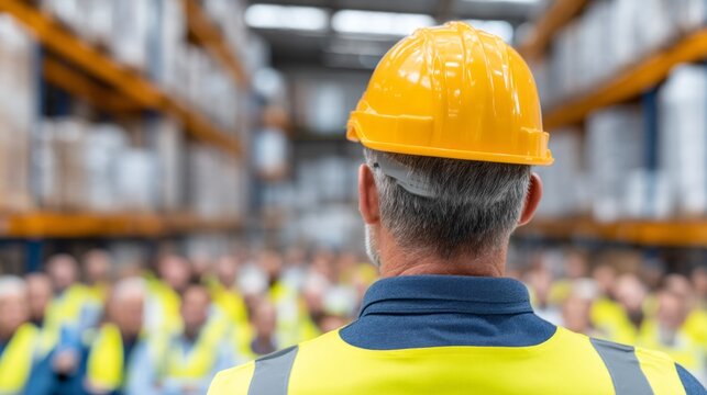 In a spacious warehouse, numerous industrial workers in safety vests attend a meeting led by a speaker. They listen attentively, ready for important updates and safety reminders