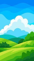 Obraz premium Vibrant cartoon landscape with rolling green hills and fluffy white clouds under a bright blue sky