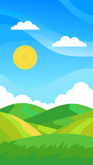 Fototapeta premium Stylized cartoon landscape with rolling green hills under a bright blue sky and sun