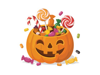Jack o lantern pumpkin overflowing with colorful halloween candy treats