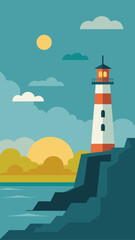Stylized lighthouse on a rocky coastline with sun and clouds