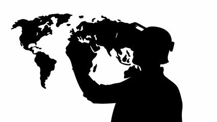 Global artist creating world map, visualizing international connections and future possibilities, a silhouette representing creativity and global awareness