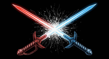 Two glowing swords, one red and one blue, crossed in the center with a burst of light and sparks between them against a black background.