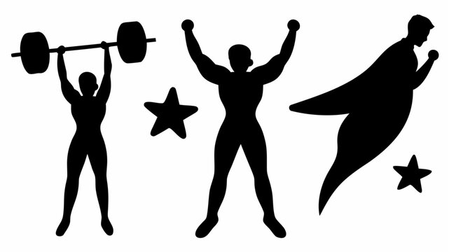 Dynamic superhero lifting weights and celebrating strength, bold silhouette for fitness, power, and achievement concepts, stars adding visual flair