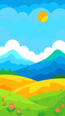 Fototapeta premium Vibrant cartoon landscape with rolling hills mountains sun and flowers