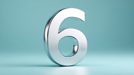 Polished silver numeral six on glossy surface against soft teal gradient, conveying modernity and precision for technology, design, and mathematical contexts with clean aesthetic appeal