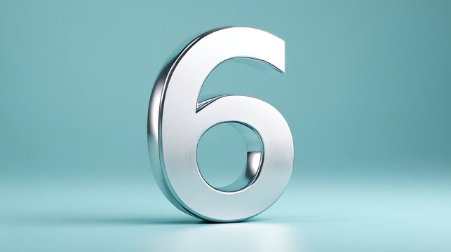 Polished silver numeral six on glossy surface against soft teal gradient, conveying modernity and precision for technology, design, and mathematical contexts with clean aesthetic appeal
