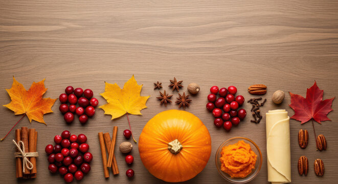 Autumn arrangement of pumpkin berries spices and fall leaves on wooden surface