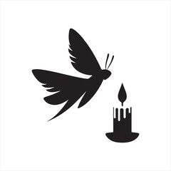 Moth flying toward candle flame vector silhouette clip art icons set collection
