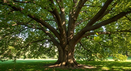 Obraz premium Large tree with green foliage spreading across a grassy field under sunlight