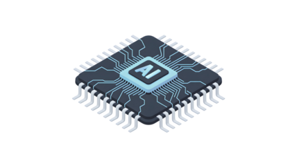 Futuristic AI microchip with glowing circuit design isolated on transparent background