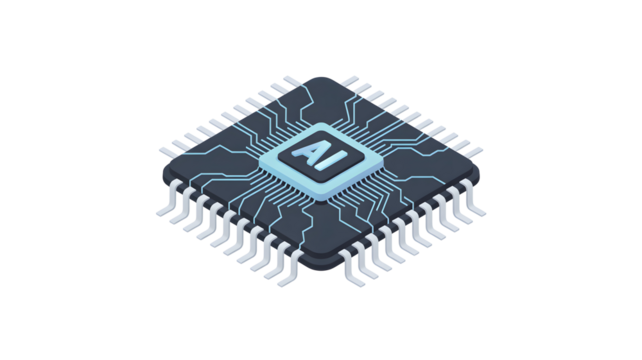 Futuristic AI microchip with glowing circuit design isolated on transparent background