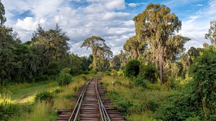 Historic railway line traversing the natural landscapes of Tanzania's Kilimanjaro region, showcasing old tracks surrounded by lush vegetation in the African wilderness