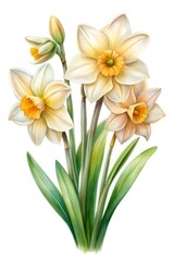Elegant Watercolor Painting of Daffodils with Yellow Centers and Green Leaves