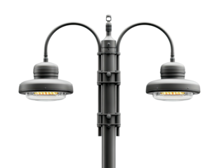 Ornate dual street lamp post, dark gray, arched supports, bright bulbs