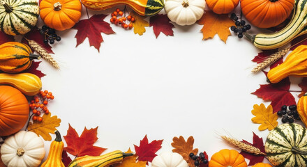 Fototapeta premium Autumnal arrangement of pumpkins gourds leaves and berries with copy space