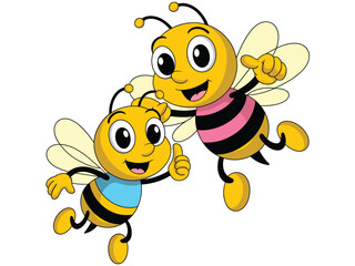 Fototapeta premium Two happy cartoon bees flying together with wings spread