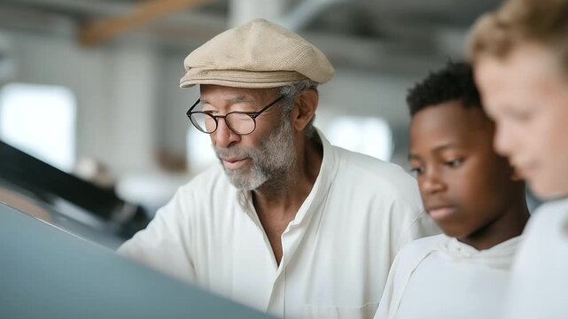 elderly artist guiding youth through printing press operation industrial sound creative apprenticeship authentic learning three quarter wide angle cinematic color correction gent