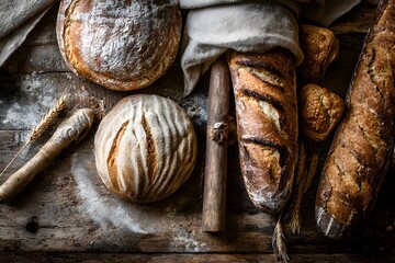 Bakery bread assortment displayed on a rustic wooden surface.