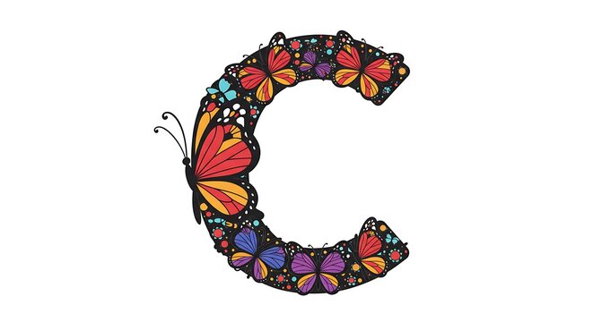 Letter c illustrated with colorful butterflies isolated on white background - Powered by Adobe