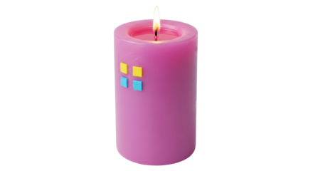 Isolated bright candle with decorations burning, soft wax and wick, purple color, light on