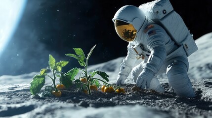 An Astronaut Cultivating Plants on the Lunar Surface: A Vision of Future Agriculture in Space, Merging Technology and Nature Beyond Earth