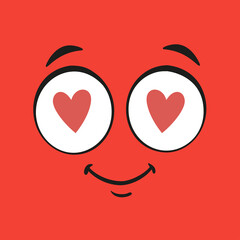 Red cartoon face with heart eyes and smiling mouth on a red background expressing love and affection