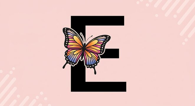 Letter e adorned with colorful butterfly on pink background