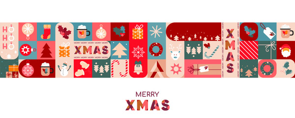 Abstract geometric Christmas Border pattern with Festive Icons and XMAS Lettering.Horizontal vector border with festive elements in retro style for greeting cards,banners, packaging, print,decorations