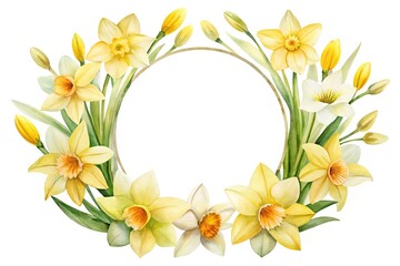 Watercolor daffodil floral wreath with yellow and white blossoms on white background © Md