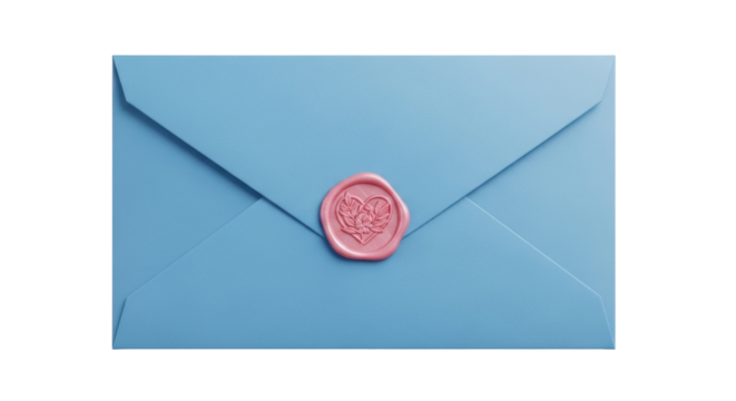 Isolated blue stationery envelope with a pink wax heart seal for secure delivery message