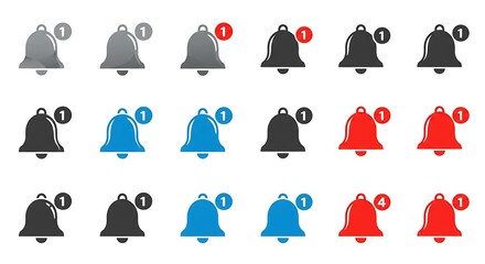 Notification bells set vector icons in various colors with numbers