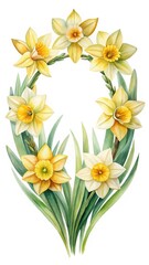 Watercolor Illustration of Daffodils in a Floral Wreath Arrangement on White Background