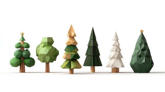 A whimsical collection of low-poly trees in various shapes and sizes, perfect for winter and holiday designs.