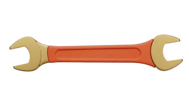 Isolated golden wrench on a orange handle repair tool, mechanical equipment equipment stock